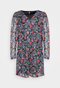 Robe fleurie avec un décolleté en V, de longues manches bouffantes et une taille à nouer. Fond noir avec des motifs paisley et des roses colorées. Tissu léger.