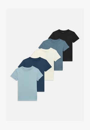 Five short-sleeve t-shirts in various colors: light blue, navy, cream, dark blue, and black. Each features a crew neck and soft fabric texture.