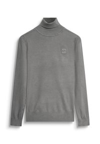 Maglione grigio a collo alto realizzato in tessuto morbido, con colletto a coste, maniche lunghe e un piccolo logo impresso sul petto.