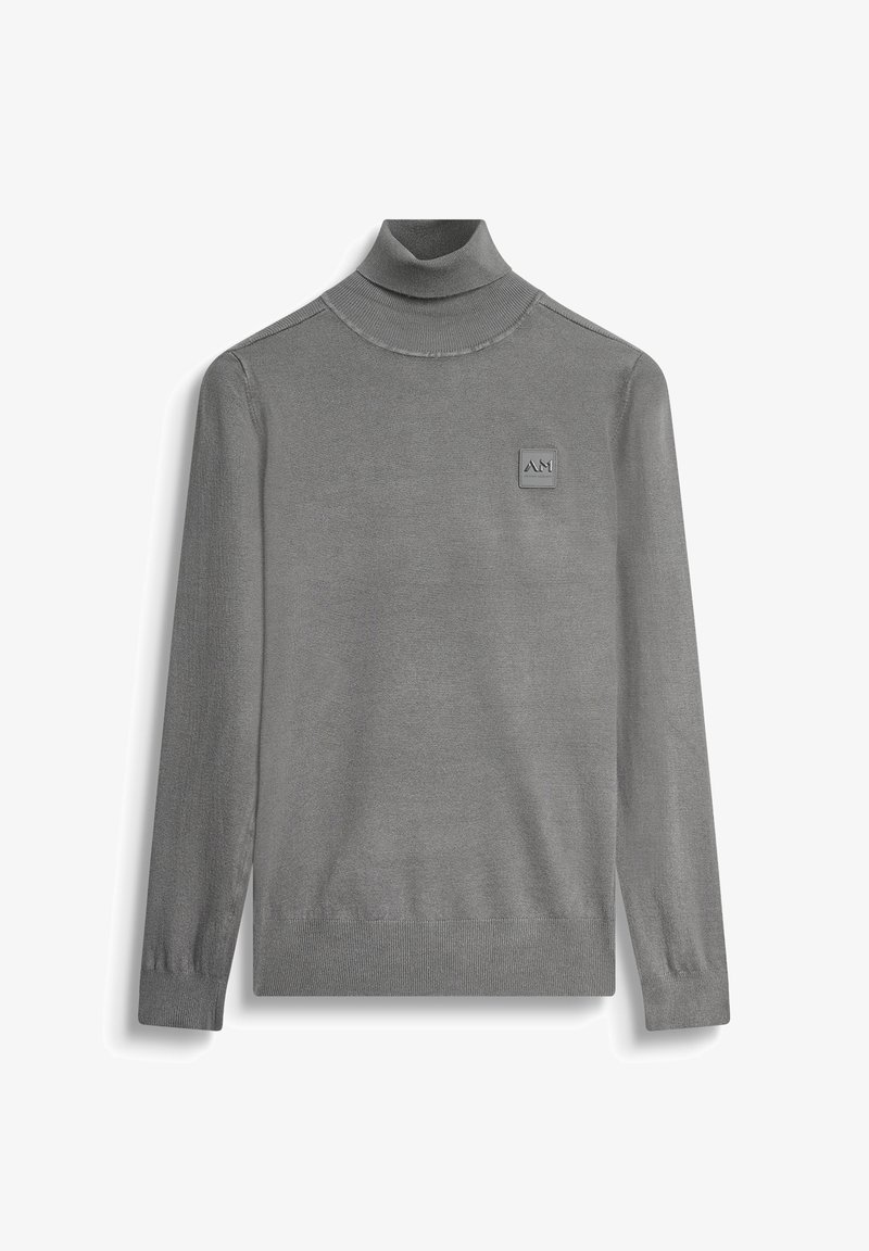 Pull en col roulé gris en tissu lisse, avec un col côtelé, des manches longues et un petit patch logo en relief sur la poitrine.