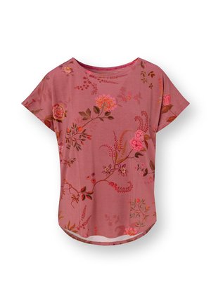 Dusky pink short-sleeve blouse with round neckline and detailed floral patterns in shades of red, pink, and brown.