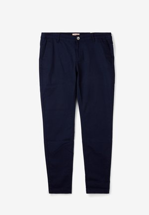 Marineblaue Baumwollhose mit schmaler Passform, vorne mit Knopfverschluss, Seitentaschen und glatter Textur.