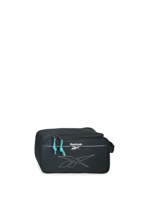 Bolsa de aseo rectangular negra de Reebok con tiradores de cremallera azules y logo blanco en el frente, con asa lateral.