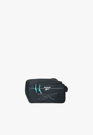Bolsa de aseo rectangular negra de Reebok con tiradores de cremallera azules y logo blanco en el frente, con asa lateral.