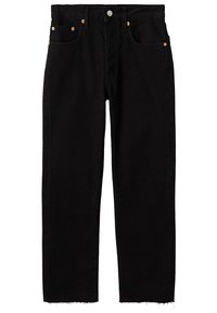 Jeans de mezclilla negra con corte recto, remaches de cobre, cinco bolsillos y dobladillo sin terminar en los tobillos. Diseño clásico y tejido resistente.