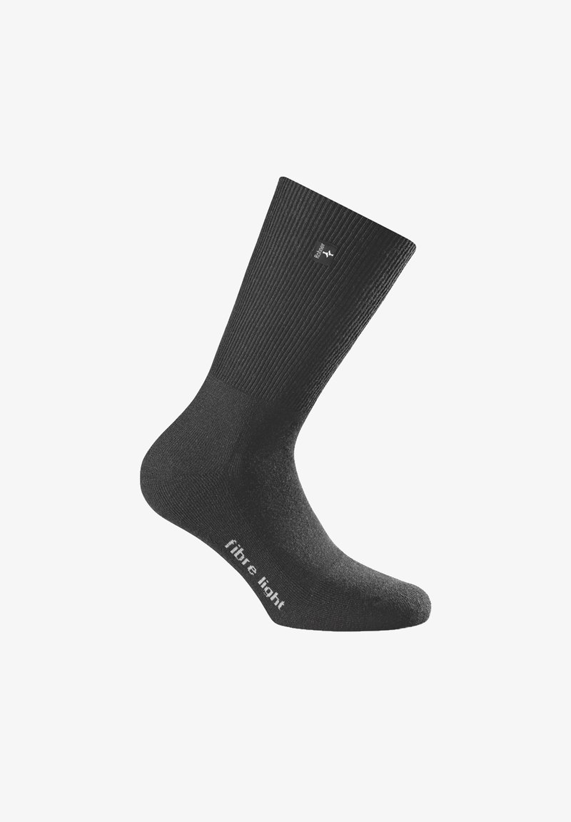 Schwarze gerippte Socken mit einem gepolsterten Fußbett, auf dem der Text "fibre light" in Weiß gedruckt ist. Standard-Kniestrumpfdesign.