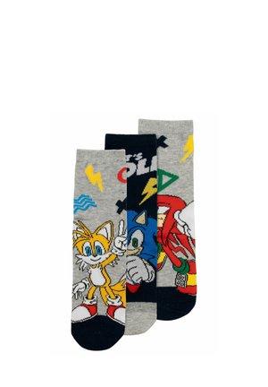 Three pairs of colorful socks featuring Sonic the Hedgehog characters Tails, Sonic, and Knuckles with lightning bolt and geometric patterns.