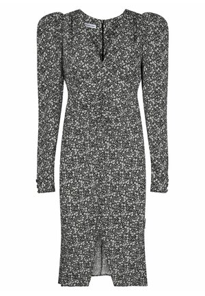 Czarna midi sukienka w drobny biały kwiatowy wzór, z długimi bufkami, delikatnym rozcięciem z przodu i dekoltem w serek z marszczeniami w talii.