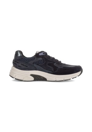 Black athletic sneaker with textured mesh and suede upper, thick white sole, and lace-up design, shown in a side profile on white background.