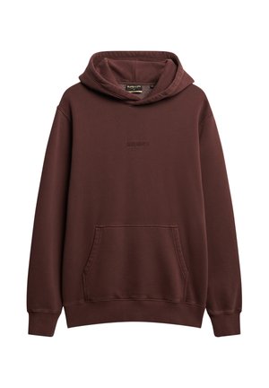 Sudadera burdeos de mezcla de algodón, cuenta con un bolsillo frontal, capucha ajustable con cordones y un sutil logotipo bordado. Textura suave.