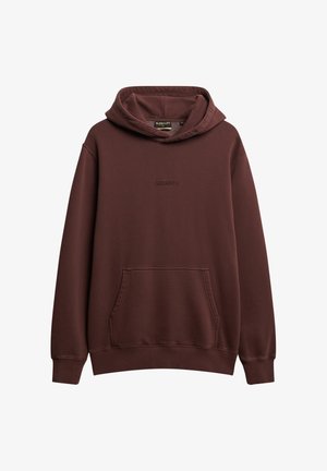 Hoodie bordeaux en mélange de coton, avec une poche avant, un capuchon réglable à cordon et un logo brodé discret. Texture douce.