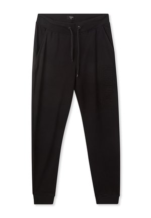 Czarne dresowe spodnie wykonane z miękkiego materiału, z elastycznym pasem ze sznurkiem, bocznymi kieszeniami oraz wytłoczonym logo na nodze.
