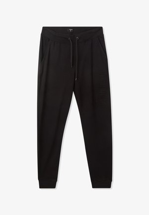 Czarne dresowe spodnie wykonane z miękkiego materiału, z elastycznym pasem ze sznurkiem, bocznymi kieszeniami oraz wytłoczonym logo na nodze.