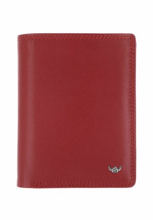 Portefeuille bi-fold en cuir rouge avec coutures visibles et petit emblème argenté dans le coin inférieur droit sur fond blanc.