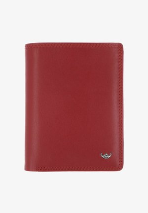 Portefeuille bi-fold en cuir rouge avec coutures visibles et petit emblème argenté dans le coin inférieur droit sur fond blanc.