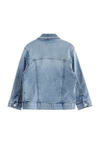 Helle blaue Jeansjacke mit klassischem Kragen, knöpfbaren Manschetten und sichtbaren Nähten. Verfügt über eine Schulterpasse und zwei Rückenteile.