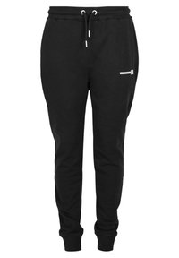 Černé joggingové kalhoty vyrobené z měkké látky, s elastickým pasem na šňůrku, žebrovanými manžetami a malou bílou kapsou na stehně.