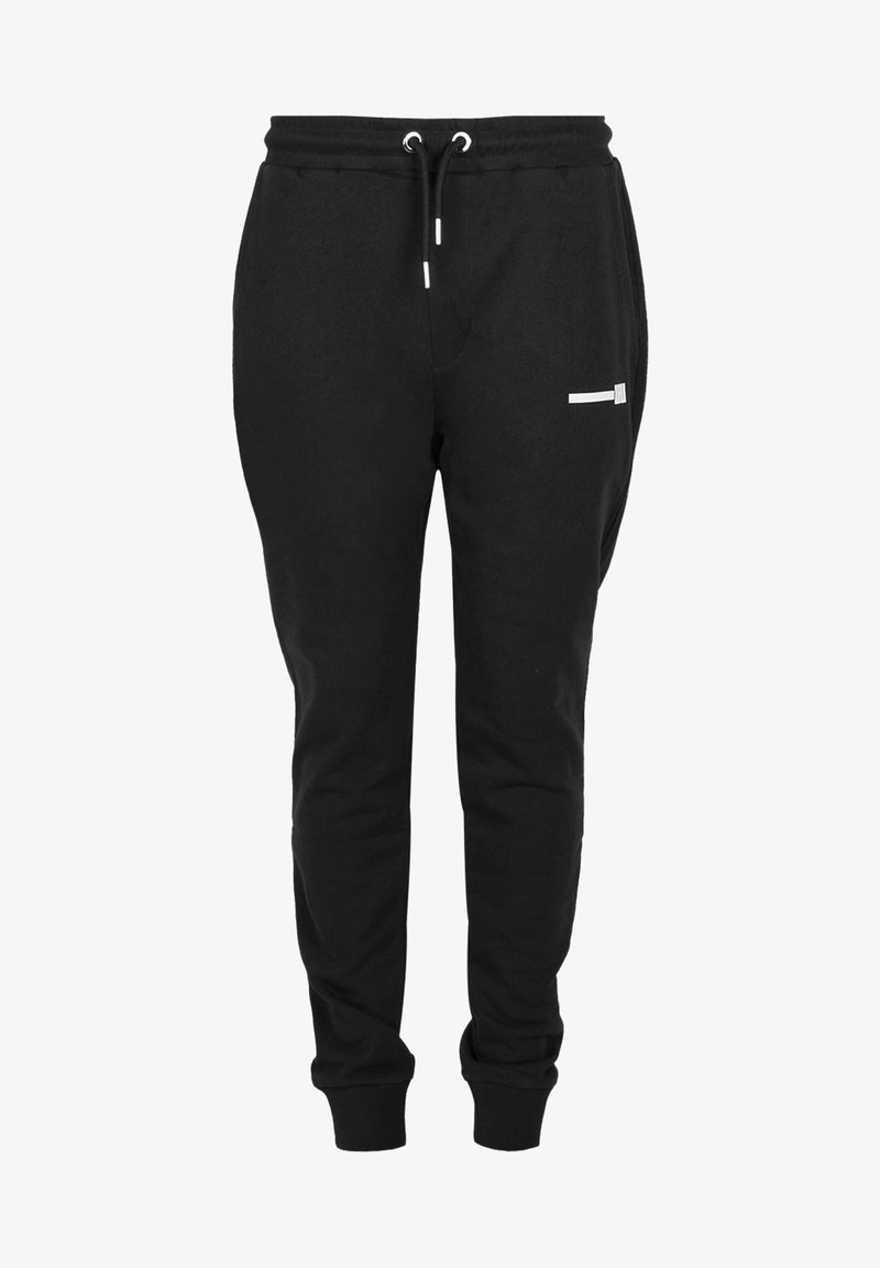 Černé joggingové kalhoty vyrobené z měkké látky, s elastickým pasem na šňůrku, žebrovanými manžetami a malou bílou kapsou na stehně.