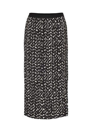 Schwarzer Rock mit einem plissierten Design, das ein weißes abstraktes rechteckiges Muster aufweist. Elastischer Bund. Knielange Passform. Weiche Stofftextur.