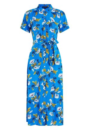 Blaues Blumenkleid mit kurzen Ärmeln, durchgehendem Knopfvorderteil, Kragen und einem passenden gebundenen Gürtel. Das Material ist glatt mit einem lebendigen Muster.