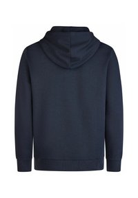 Navy hoodie made of soft fabric, featuring a large hood, long sleeves, and a straight cut with ribbed cuffs and hem.