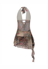 Tapa de baño con estampado floral y de animales, con cuello halter, lazos en la espalda y dobladillo asimétrico. Hecho de una tela ligera y transparente.
