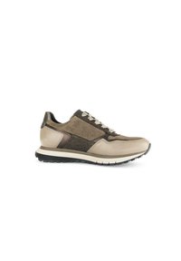 Beige en bruine sport schoenen met een bovenwerk van leer en stof, met mesh details, vetersluiting en een duurzame rubberen zool.