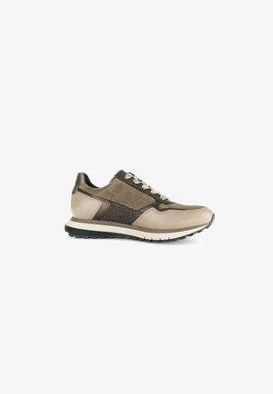 Beige and brown athletic shoes with a leather and fabric upper, featuring mesh detailing, lace closure, and a durable rubber sole.