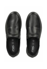 Black leather slip-on shoes with rounded toes, smooth texture, and padded edges. Features perforated insoles and subtle branding on the interior.