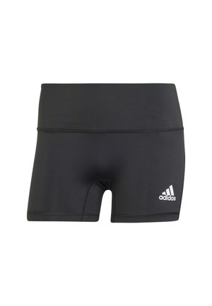 Schwarze Sportshorts aus elastischem Material, mit figurschmeichelndem Design, mittelhohem Bund und weißem Adidas-Logo auf der unteren linken Seite.