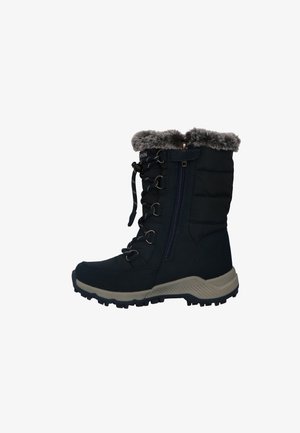 Zwarte winterlaars met voering van bont, zijrits, vetersluiting aan de voorkant en een gestructureerde zool voor grip.