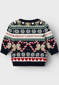 Maglione blu navy a maglia con motivi natalizi raffiguranti bradipi, bastoncini di zucchero, cuori e fiocchi di neve. Maniche e orlo a coste. Design accogliente e festoso.
