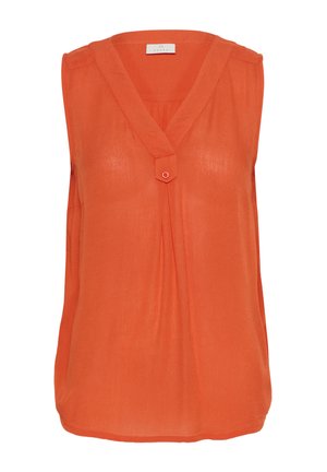 Blusa arancione senza maniche con scollo a V, dettaglio dei bottoni e frontale plissettato. Realizzata in un tessuto leggero e liscio con una leggera lucentezza.