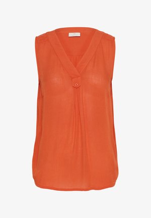 Blusa arancione senza maniche con scollo a V, dettaglio dei bottoni e frontale plissettato. Realizzata in un tessuto leggero e liscio con una leggera lucentezza.