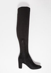 Botas negras por encima de la rodilla, hechas de suave ante, que cuentan con un cierre lateral y un tacón grueso, con una textura lisa y un diseño aerodinámico.