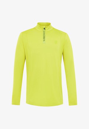 Długi rękaw, top z zamkiem na szyi w jaskrawym żółtym kolorze. Wykonany z gładkiego, lekkiego materiału o subtelnym wzorze i niewielkim logo na klatce piersiowej.