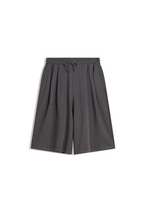 Dark gray shorts with an elastic waistband and drawstring. Features a relaxed fit and subtle pleats for comfort and ease of movement.