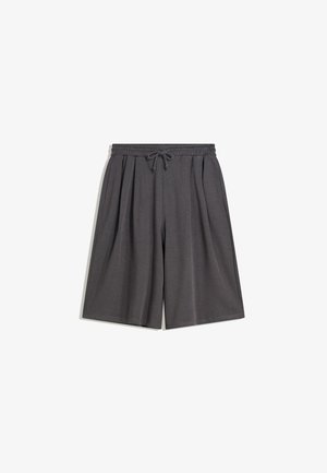 Dunkelgraue Shorts mit elastischem Bund und Kordelzug. Verfügt über eine lockere Passform und subtile Falten für Komfort und Bewegungsfreiheit.