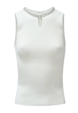 Top sin mangas blanco de canalé con escote redondo, que presenta una línea decorativa de cristales transparentes alrededor del cuello y una abertura en la parte posterior con forma de ojo de cerradura.