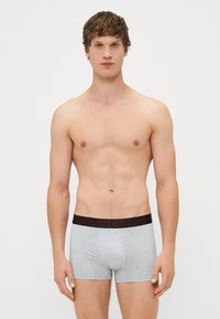 Boxer briefs in cotone grigio con una cintura logo nera. Il tessuto è morbido, liscio e aderente, con un design a tasca frontale.