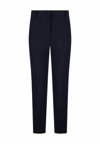 Pantalones de corte navy en una tela suave, con frontales lisos, bolsillos laterales y un diseño de pierna recta y ajustada. Sin patrones ni acentos visibles.