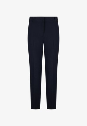 Marineblaue maßgeschneiderte Hose aus glattem Stoff, mit flachem Bund, seitlichen Taschen und schlanker, gerader Beinform. Keine sichtbaren Muster oder Akzente.