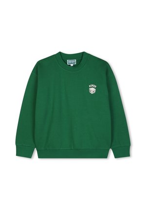 Zielona bluza Kenzo z okrągłym dekoltem, ściągaczami na rękawach i u dołu, z małą grafiką kostek i logo Kenzo na lewej piersi.