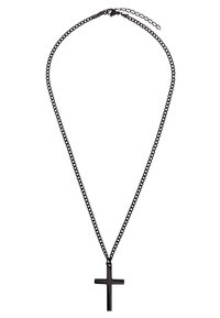 Collana in metallo nero con un grande pendente a croce opaca. Design semplice con una superficie liscia e lunghezza regolabile.