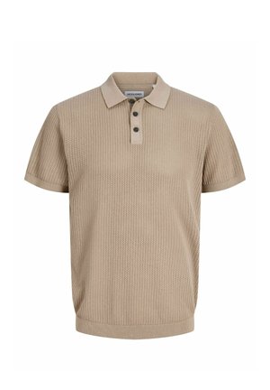 Bež kratka majica polo s kratkimi rokavi, pletena, s tremi črnimi gumbi ter rebrastim ovratnikom in robom.