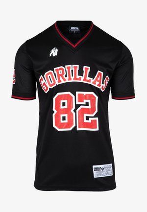 Maillot de sport noir avec des accents rouges, portant "GORILLAS" et le numéro "82" en blanc et rouge. Fabriqué en tissu léger et respirant.