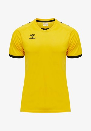 Żółta sportowa koszulka z czarnymi akcentami. Posiada okrągły dekolt i krótkie rękawy. Wykonana z gładkiego, lekkiego materiału. Wyświetlone logo Hummel.