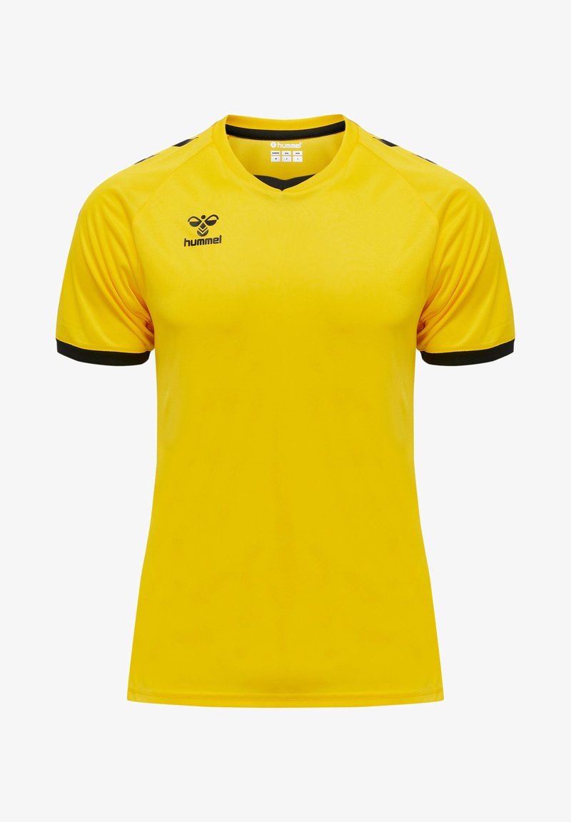 Gul atletisk trøje med sorte accenter. Har en rund hals og korte ærmer. Fremstillet af glat, letvægtsstof. Hummel-logo vist.