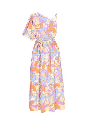 Rochie maxi cu imprimeu floral, cu un design pe o singură umăr, mânici scurte, talie strânsă și material fluid în culori pastelate de mov, portocaliu și bej.