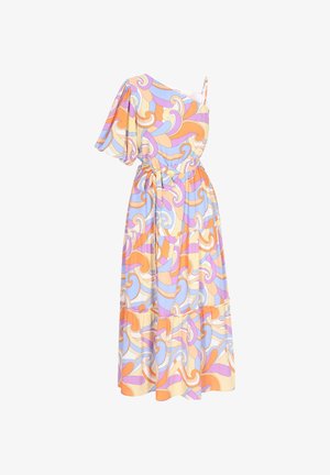 Maxi kjole med blomsterprint, der har én skulder, korte ærmer, tilpasset talje og flydende stof i pastelfarver som lilla, orange og creme.